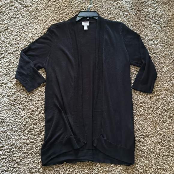 CHICO’S BLACK 3/4 SLEEVED LIGHTWEIGHT OPEN SWEATER ~ SIZE LARGE - Picture 2 of 12